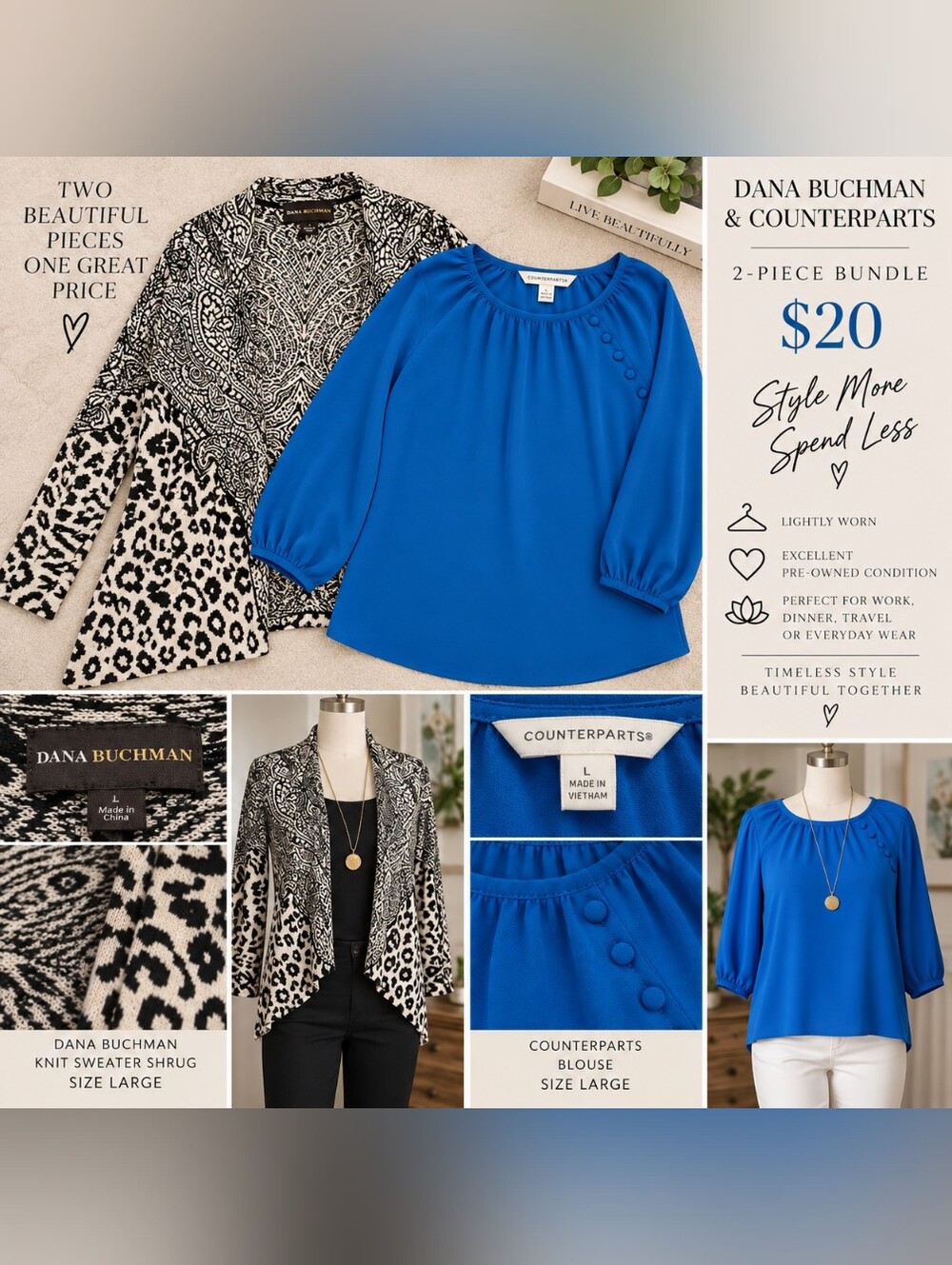 Dana Buchman Sweater Shrug & Counterparts Blouse Bundle – Size Large / #40